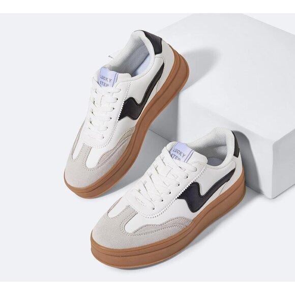 Women Platform WhiteBlack Sneaker Thick Sole Suede Leather Low Top Walking Shoes - Picture 4 of 9